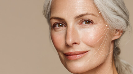 Mature female model demonstrating cosmetic skin rejuvenation procedure, highlighting wrinkle reduction lines and treatment zones for age defying aesthetic enhancement