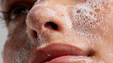 Naklejka premium Woman's face covered in white soap foam, highlighting skincare cleansing process with fresh, radiant complexion emerging