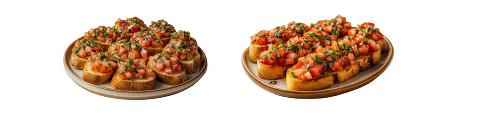 A set of classic bruschetta with fresh tomato, garlic, olive oil and basil on toasted bread – transparent background.