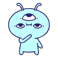 cartoon of a small alien looking thoughtful in bright neon color