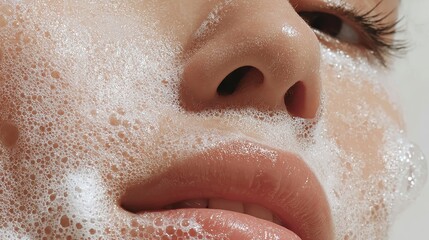Close up showing woman massaging facial cleanser onto skin, focusing on gentle skincare steps targeting radiant complexion and deep cleansing process