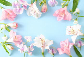 Delicate alstroemeria and sweet pea flowers in a soft frame on blue background. Ideal for spring or...