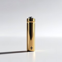 a small, gold colored battery standing upright on a surface. It has a clean, minimalist look with a modern design