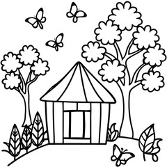 Naklejka premium Rural hut with tree and other element kids coloring page