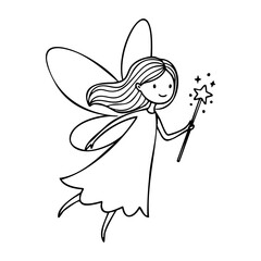 Fototapeta premium Sketch of a young caucasian female fairy with wand and wings. Vector hand-drawn doodle illustration