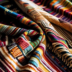 a number of colorful woven fabrics with geometric patterns and traditional motifs