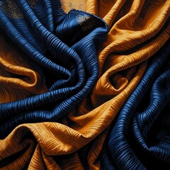 yellow and navy blue fabric arranged in folds and waves, creating a rich and dynamic texture. The fabric has a smooth, glossy surface, reflecting soft light, adding depth and visual beauty