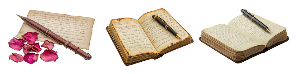Collection of antique handwritten journals and old letters with fountain pens, isolated on transparent background.