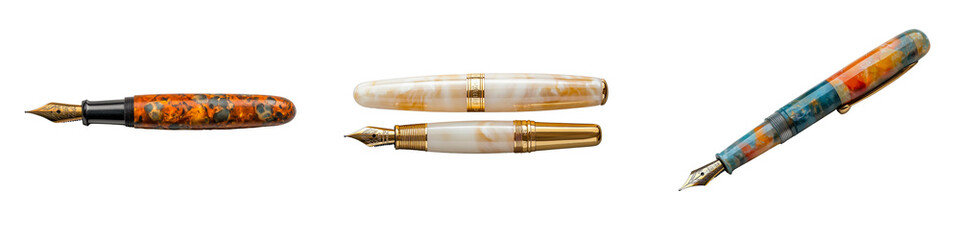 Collection of luxury fountain pens in various elegant designs and colors, isolated on transparent background.