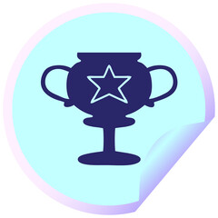 circular peeling sticker cartoon of a gold trophy in bright neon color