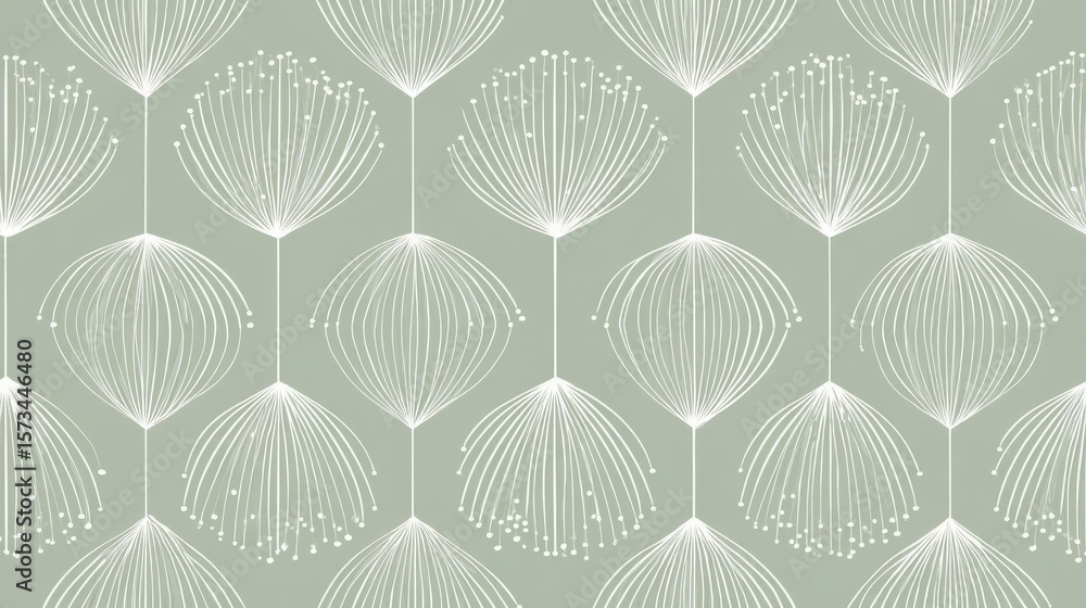 Poster white dandelion seed heads are hanging and creating a geometric pattern on a green background, formi