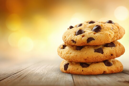 A warm stack of freshly baked chocolate chip cookies sits on a rustic wooden table. The golden brown cookies, dotted with dark chocolate chips, create a cozy and inviting atmosphere.