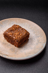 Chocolate brownie cake, food, sweet dessert with nuts rectangular shape. Sweet chocolate brownie