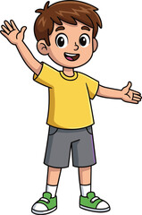 Cartoon child waving pose, smiling boy character, yellow t-shirt, gray shorts, green sneakers, friendly gesture, expressive cartoon figure, vector illustration, kids design
