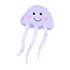 Purple jellyfish illustration in flat style. Hand drawn marine animal. Vector illustration isolated on white background.