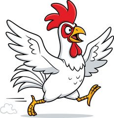Running chicken cartoon illustration, white feathers, red comb and wattle, yellow beak and feet, dynamic pose, dust trail effect, vector farm character design