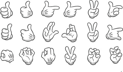 Cartoon hand gestures set, fifteen expressive signs, thumbs up, peace sign, pointing finger, raised hand, folded hands, vector illustration, communication icons, symbol design
