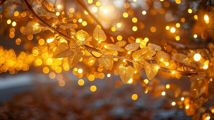 Twig with golden leaves is adorned with bright, warm-toned fairy lights. Bokeh background