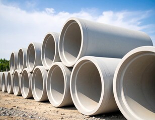Concrete pipes stacked outdoors
