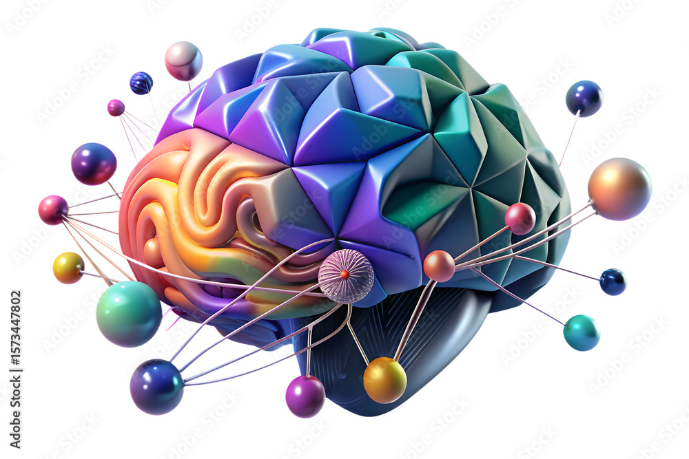 Poster a colorful geometric brain with connected spheres representing neural networks and connections in th