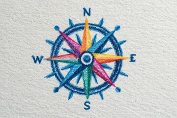 A colorful compass rose is illustrated on textured paper, showcasing multiple points in blue, orange, green, and red, highlighting the cardinal directions of north, south, east, and west.