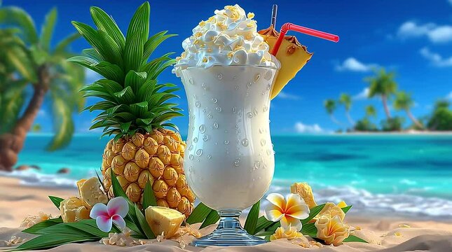 A frosty pinna colada glass glistens with condensation, with palm leaves swaying in a looping tropical beach breeze.