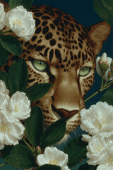 Leopard face emerging from white flowers on dark background  