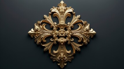 Ornate golden flourish design, symmetrical, floral inspired, centered on a dark grey background