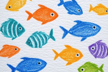 Naklejka premium A vibrant collection of various fish in shades of blue, orange, green, and purple are swimming on a textured white background, creating a lively and cheerful aquatic atmosphere.