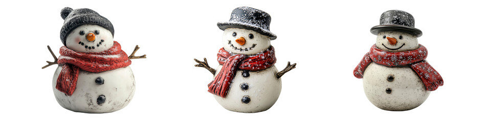 A set of three cute snowman figurines with hats and red scarves, decorated with snowflakes, isolated on transparent background.