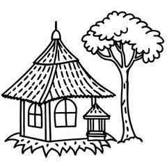 Rural hut with tree and other element kids coloring page