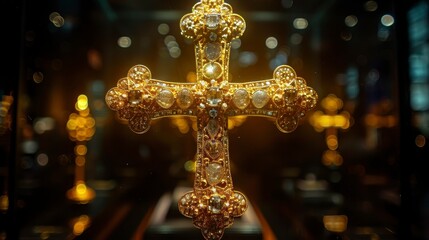 Ornate golden cross adorned with gems, glowing against a dark, blurred backdrop