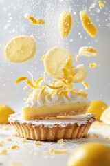lemon tart flying with lemon zest and sugar dust, isolated on white background
