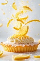 lemon tart flying with lemon zest and sugar dust, isolated on white background