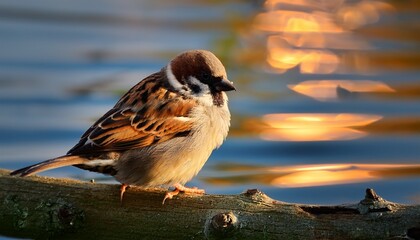 a lovely sparrow is perched gracefully on a branch by the water illuminated by the golden hour light capturing the essence of nature s beauty and tranquility