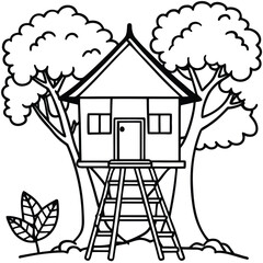 Rural hut with tree and other element kids coloring page
