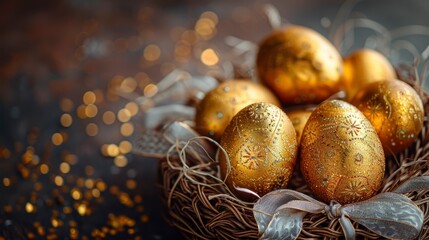 Golden Easter eggs in a nest with light bokeh background