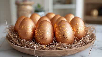 Gleaming gold speckled eggs in hay nest on a wooden plate, festive decor