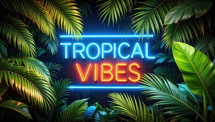 Neon sign "Tropical Vibes" surrounded by tropical plants