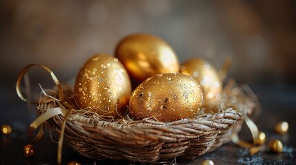 Four golden, speckled eggs rest in a wicker nest, tied with golden ribbon, on a textured surface