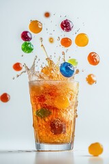 plated balls floating with colorful jelly and coconut milk splash, isolated on white background