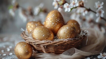 Gold eggs in wicker basket with blossom background