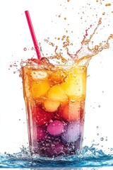 plated balls floating with colorful jelly and coconut milk splash, isolated on white background