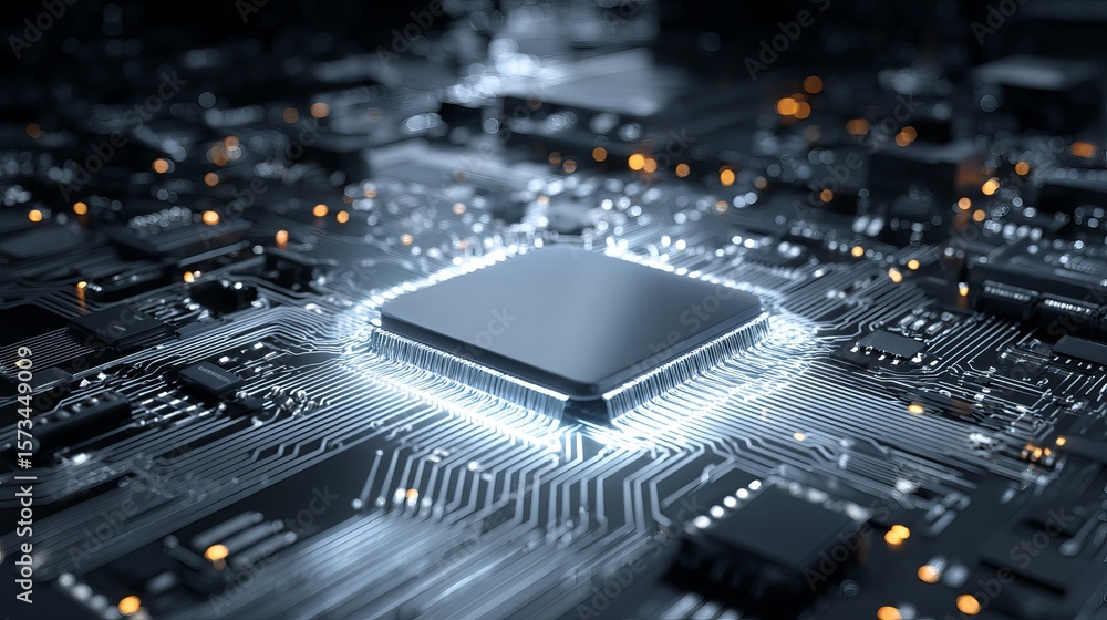 Poster intricate motherboard featuring a central glowing processor, representing technology's core and driv