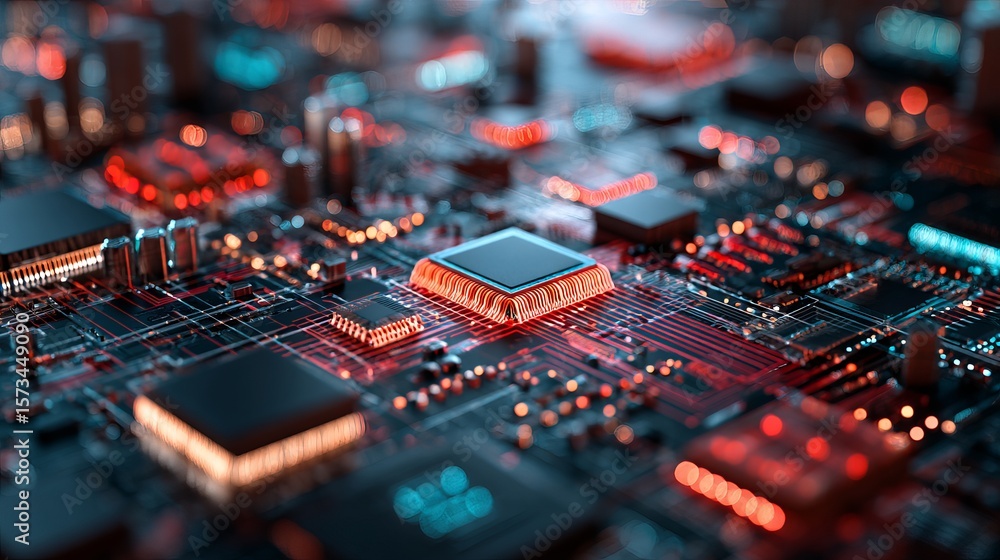 Poster intricate illuminated circuit board showcasing a complex network of interconnected components and ad