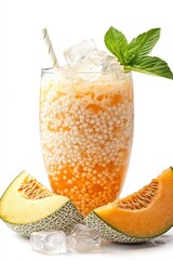 sago with cantaloupe floating with coconut milk and ice cubes, isolated on white background