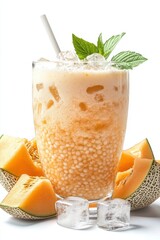 sago with cantaloupe floating with coconut milk and ice cubes, isolated on white background