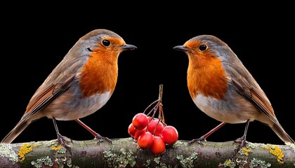 close up of two robins on branch with fruits against black background
