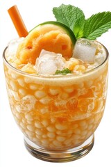 sago with cantaloupe floating with coconut milk and ice cubes, isolated on white background