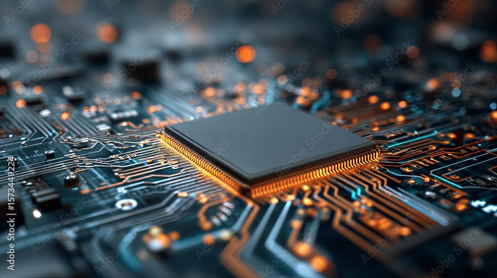 Poster detailed close-up of a cutting-edge microchip on a circuit board, symbolizing technology and innovat